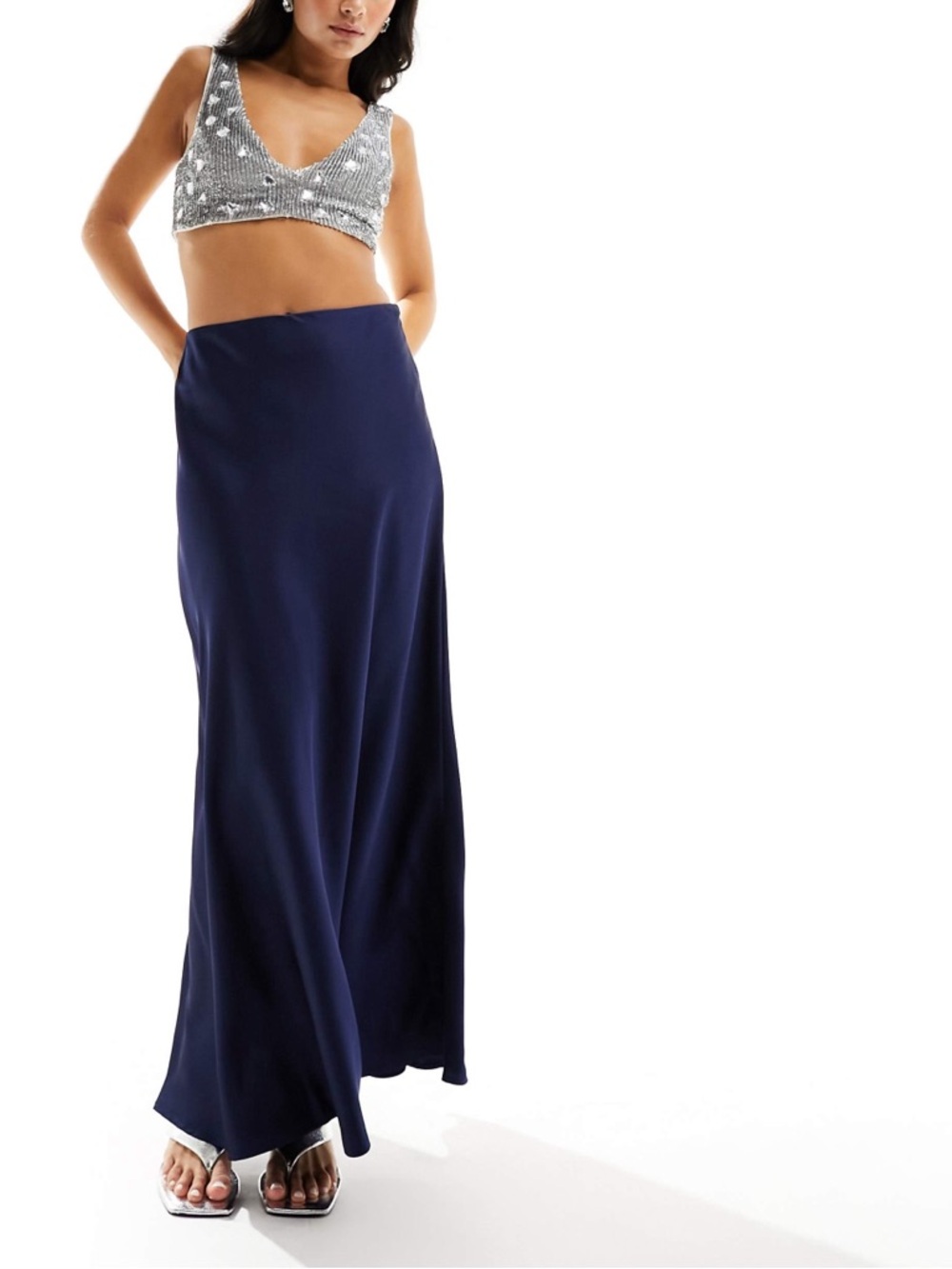 NA-KD floor length satin maxi skirt in navy